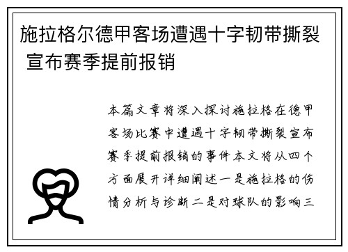 施拉格尔德甲客场遭遇十字韧带撕裂 宣布赛季提前报销 施拉格尔德甲客场遭遇十字韧带撕裂 宣布赛季提前报销